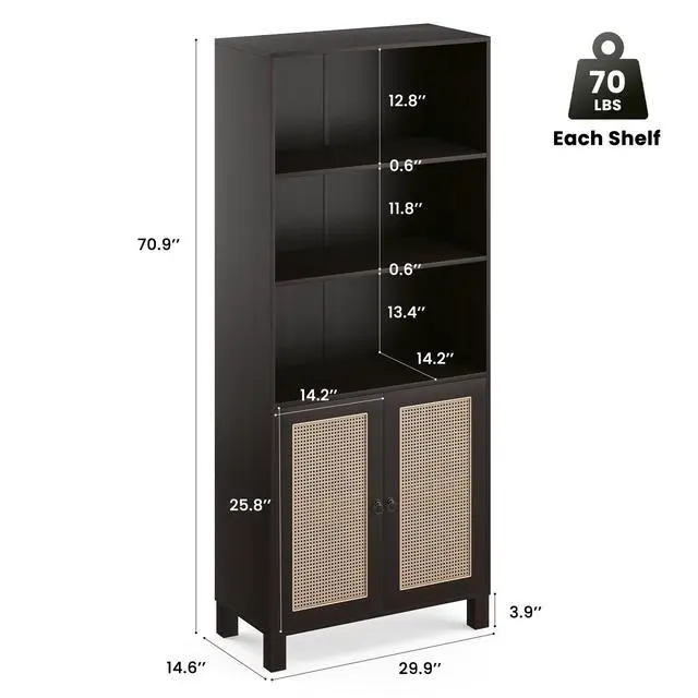 Alt view image 7 of 7 - Tall Bookcase with Rattan Doors,5 Tier Storage Wood Shelves Large Bookshelf for Library Living Room Bedroom Home Office,Walnut