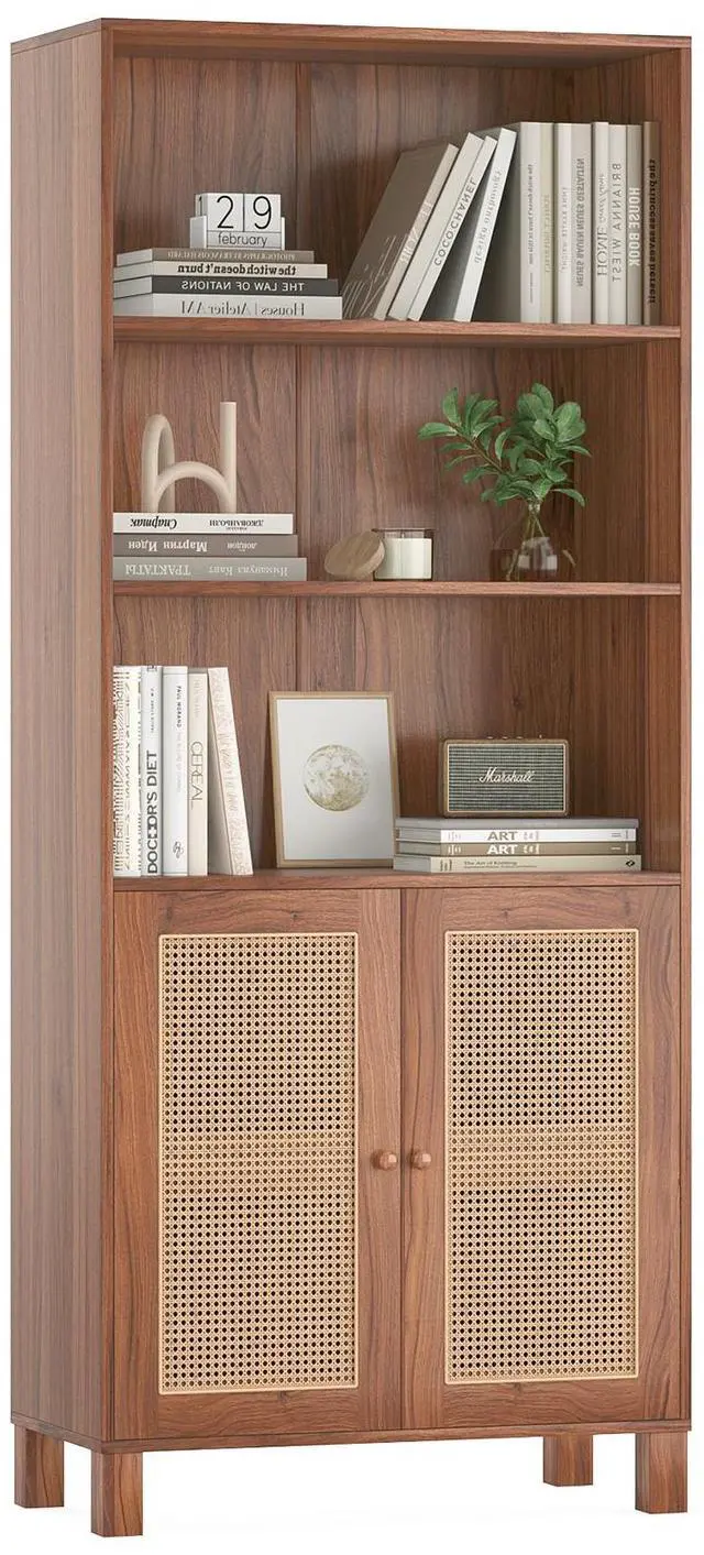 Main image of Tall Bookcase with Rattan Doors,5 Tier Storage Wood Shelves Large Bookshelf for Library Living Room Bedroom Home Office,Natural