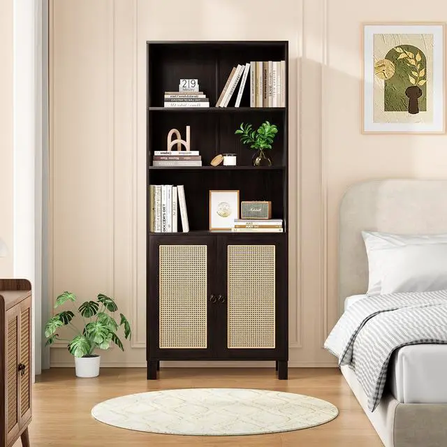 Alt view image 6 of 7 - Tall Bookcase with Rattan Doors,5 Tier Storage Wood Shelves Large Bookshelf for Library Living Room Bedroom Home Office,Walnut