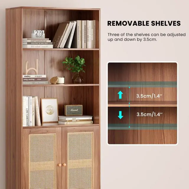 Alt view image 6 of 7 - Tall Bookcase with Rattan Doors,5 Tier Storage Wood Shelves Large Bookshelf for Library Living Room Bedroom Home Office,Natural