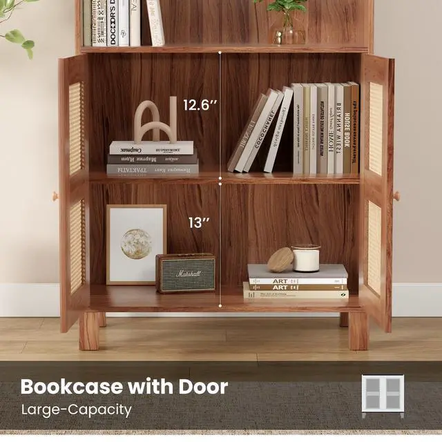 Alt view image 7 of 7 - Tall Bookcase with Rattan Doors,5 Tier Storage Wood Shelves Large Bookshelf for Library Living Room Bedroom Home Office,Natural