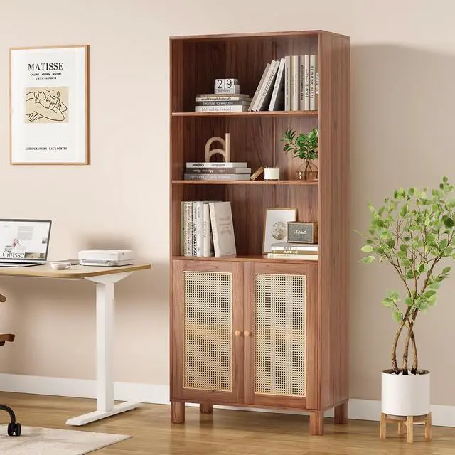 Alt view image 3 of 7 - Tall Bookcase with Rattan Doors,5 Tier Storage Wood Shelves Large Bookshelf for Library Living Room Bedroom Home Office,Natural