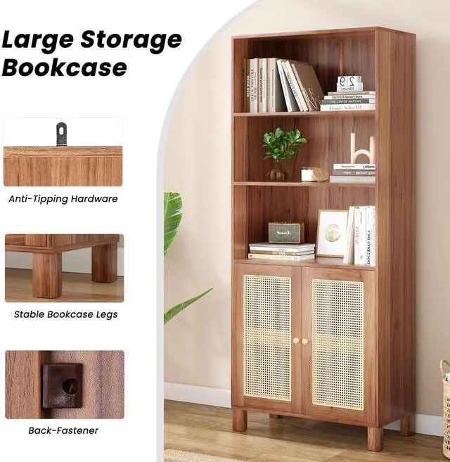 Alt view image 4 of 7 - Tall Bookcase with Rattan Doors,5 Tier Storage Wood Shelves Large Bookshelf for Library Living Room Bedroom Home Office,Natural