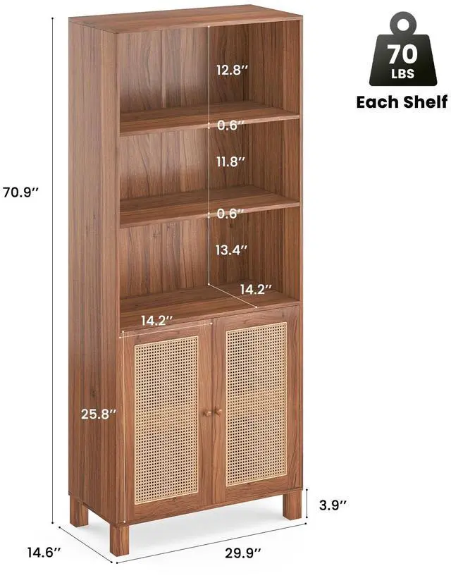 Alt view image 5 of 7 - Tall Bookcase with Rattan Doors,5 Tier Storage Wood Shelves Large Bookshelf for Library Living Room Bedroom Home Office,Natural