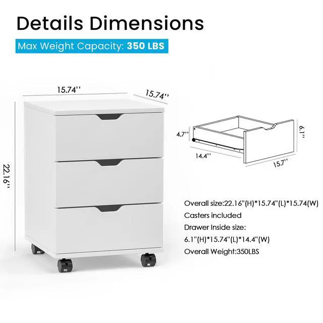 Alt view image 2 of 7 - 3-Drawer Vertical Filing Cabinet Rolling Wood Mobile File Cabinets Under Desk for Home Office with Casters (Fully Assembled)