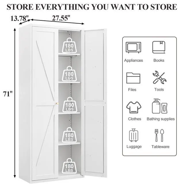 Alt view image 3 of 7 - Metal Adjustable 2 Doors Metal Storage Cabinet Kitchen Pantry Cabinet With Adjustable Shelves Tall Steel Cabinet Locker For Kitchen, Living Room, Dining Room And Office