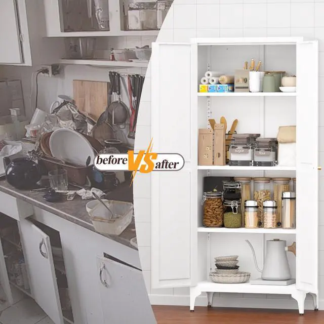 Alt view image 6 of 7 - Metal Adjustable 2 Doors Metal Storage Cabinet Kitchen Pantry Cabinet With Adjustable Shelves all Steel Cabinet Locker For Kitchen, Living Room, Dining Room And Office