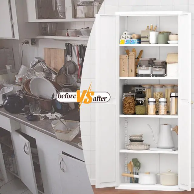 Alt view image 5 of 7 - Metal Adjustable 2 Doors Metal Storage Cabinet Kitchen Pantry Cabinet With Adjustable Shelves Tall Steel Cabinet Locker For Kitchen, Living Room, Dining Room And Office