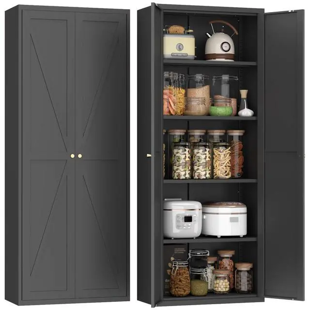 Alt view image 2 of 7 - 2 Doors Metal Storage Cabinet Kitchen Pantry Cabinet With Adjustable Shelves Tall Steel Cabinet Locker For Kitchen, Living Room, Dining Room And Office