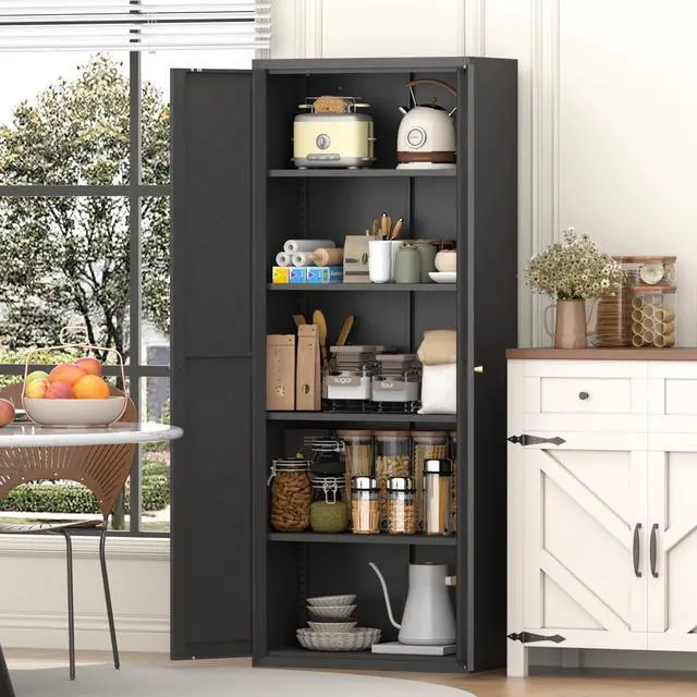 Alt view image 5 of 7 - 2 Doors Metal Storage Cabinet Kitchen Pantry Cabinet With Adjustable Shelves Tall Steel Cabinet Locker For Kitchen, Living Room, Dining Room And Office