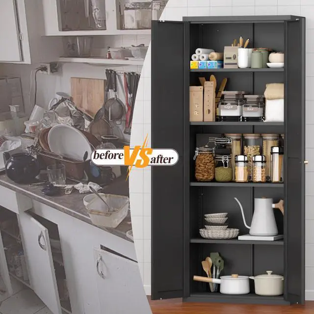 Alt view image 6 of 7 - 2 Doors Metal Storage Cabinet Kitchen Pantry Cabinet With Adjustable Shelves Tall Steel Cabinet Locker For Kitchen, Living Room, Dining Room And Office