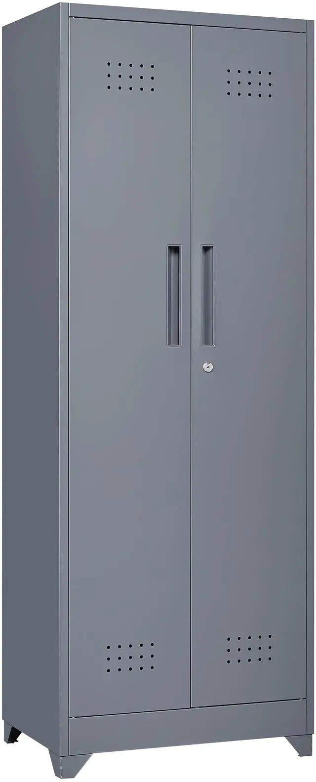 Main image of Broom Storage Cabinet With Locking Doors And Shelves, 65" H Metal Storage Cabinet With Hanging Rod & S-Hooks, Cleaning Tool Storage Cabinet Grey