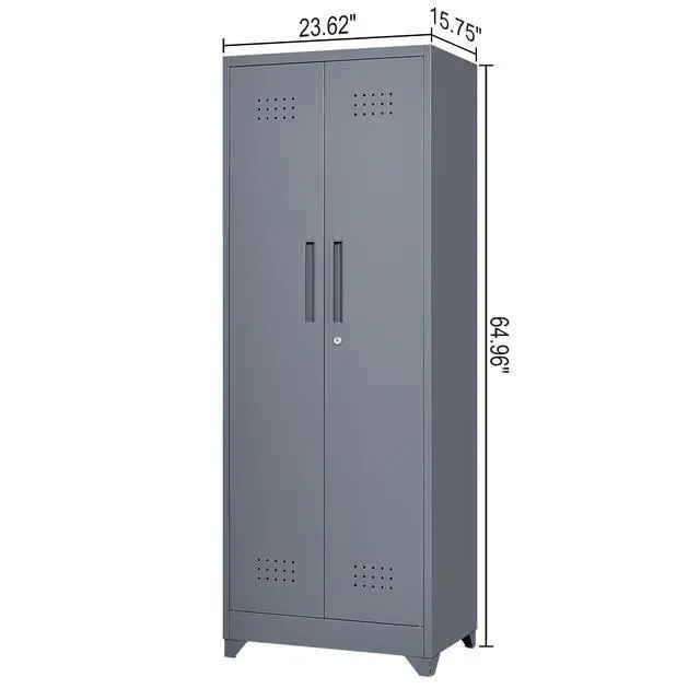 Alt view image 3 of 7 - Broom Storage Cabinet With Locking Doors And Shelves, 65" H Metal Storage Cabinet With Hanging Rod & S-Hooks, Cleaning Tool Storage Cabinet Grey