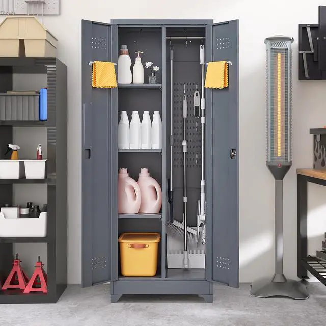Alt view image 2 of 7 - Broom Storage Cabinet With Locking Doors And Shelves, 65" H Metal Storage Cabinet With Hanging Rod & S-Hooks, Cleaning Tool Storage Cabinet Grey