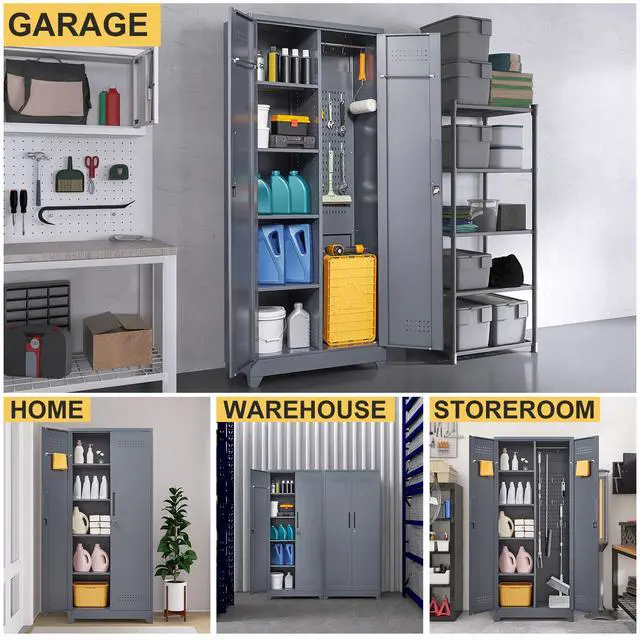 Alt view image 2 of 7 - Gray And White Color Metal Lockers, Cleaning Tool Cabinets With Locking Doors, High Broom Tool Storage Cabinets, Adjustable Shelves, Large Cabinets For Kitchens, Offices, Shops.(72.8 Inches)