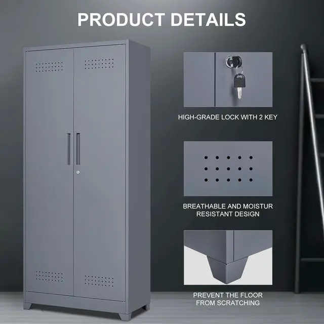 Alt view image 4 of 7 - Gray And White Color Metal Lockers, Cleaning Tool Cabinets With Locking Doors, High Broom Tool Storage Cabinets, Adjustable Shelves, Large Cabinets For Kitchens, Offices, Shops.(72.8 Inches)