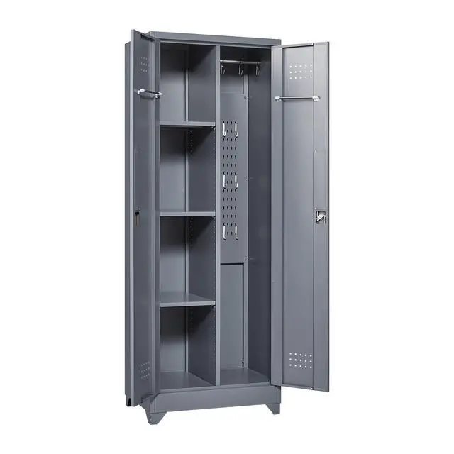 Alt view image 5 of 7 - Broom Storage Cabinet With Locking Doors And Shelves, 65" H Metal Storage Cabinet With Hanging Rod & S-Hooks, Cleaning Tool Storage Cabinet Grey
