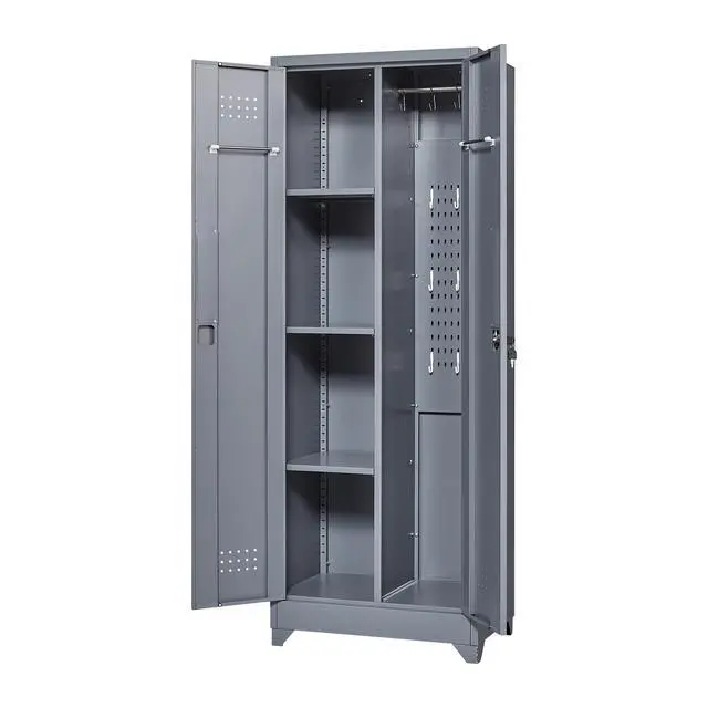 Alt view image 7 of 7 - Broom Storage Cabinet With Locking Doors And Shelves, 65" H Metal Storage Cabinet With Hanging Rod & S-Hooks, Cleaning Tool Storage Cabinet Grey