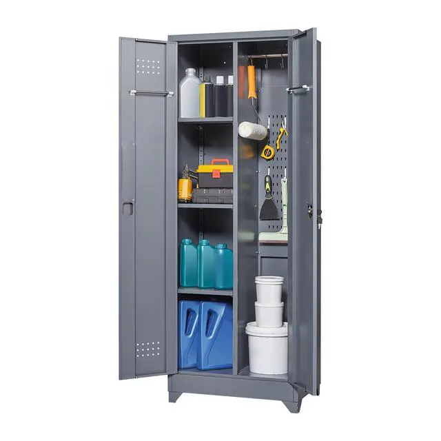 Alt view image 4 of 7 - Broom Storage Cabinet With Locking Doors And Shelves, 65" H Metal Storage Cabinet With Hanging Rod & S-Hooks, Cleaning Tool Storage Cabinet Grey