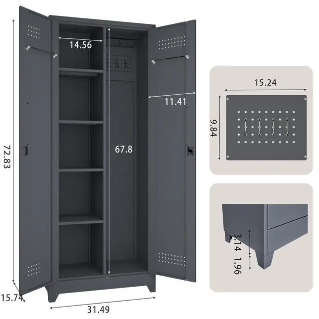 Alt view image 3 of 7 - Gray And White Color Metal Lockers, Cleaning Tool Cabinets With Locking Doors, High Broom Tool Storage Cabinets, Adjustable Shelves, Large Cabinets For Kitchens, Offices, Shops.(72.8 Inches)
