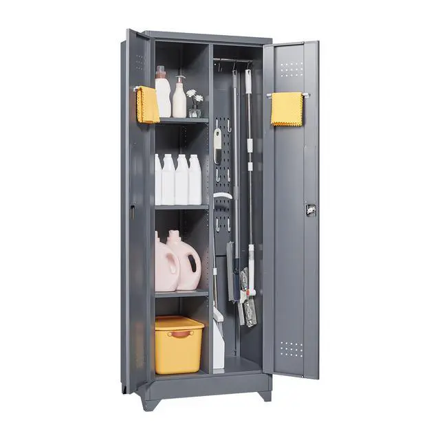 Alt view image 6 of 7 - Broom Storage Cabinet With Locking Doors And Shelves, 65" H Metal Storage Cabinet With Hanging Rod & S-Hooks, Cleaning Tool Storage Cabinet Grey