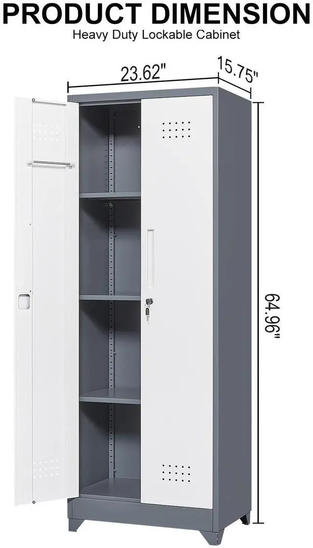 Alt view image 3 of 7 - Broom Storage Cabinet With Locking Doors And Shelves, 65" H Metal Storage Cabinet With Hanging Rod & S-Hooks, Cleaning Tool Storage Cabinet Grey