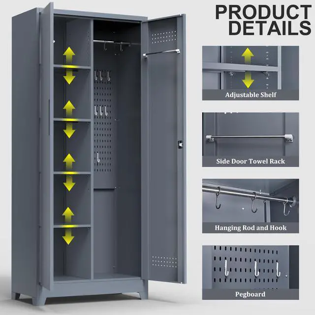 Alt view image 5 of 7 - Gray And White Color Metal Lockers, Cleaning Tool Cabinets With Locking Doors, High Broom Tool Storage Cabinets, Adjustable Shelves, Large Cabinets For Kitchens, Offices, Shops.(72.8 Inches)