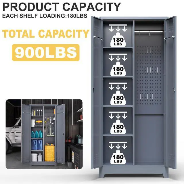 Alt view image 6 of 7 - Gray And White Color Metal Lockers, Cleaning Tool Cabinets With Locking Doors, High Broom Tool Storage Cabinets, Adjustable Shelves, Large Cabinets For Kitchens, Offices, Shops.(72.8 Inches)