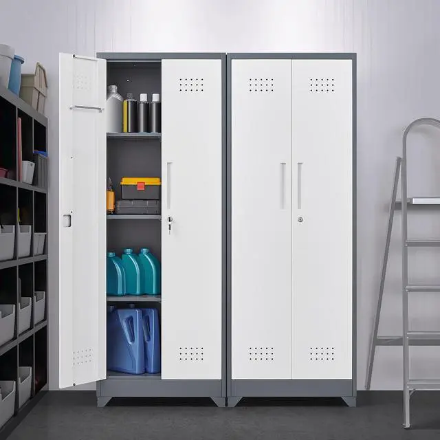 Alt view image 4 of 7 - Broom Storage Cabinet With Locking Doors And Shelves, 65" H Metal Storage Cabinet With Hanging Rod & S-Hooks, Cleaning Tool Storage Cabinet Grey