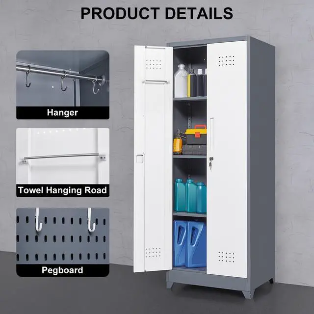 Alt view image 5 of 7 - Broom Storage Cabinet With Locking Doors And Shelves, 65" H Metal Storage Cabinet With Hanging Rod & S-Hooks, Cleaning Tool Storage Cabinet Grey