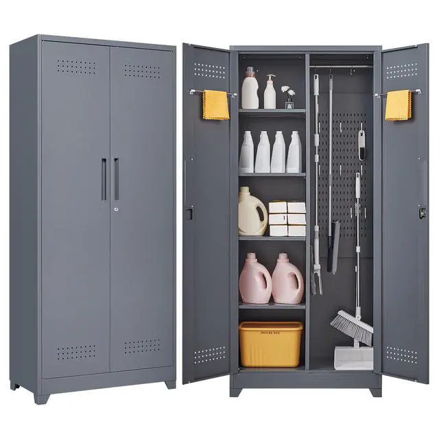 Alt view image 7 of 7 - Gray And White Color Metal Lockers, Cleaning Tool Cabinets With Locking Doors, High Broom Tool Storage Cabinets, Adjustable Shelves, Large Cabinets For Kitchens, Offices, Shops.(72.8 Inches)