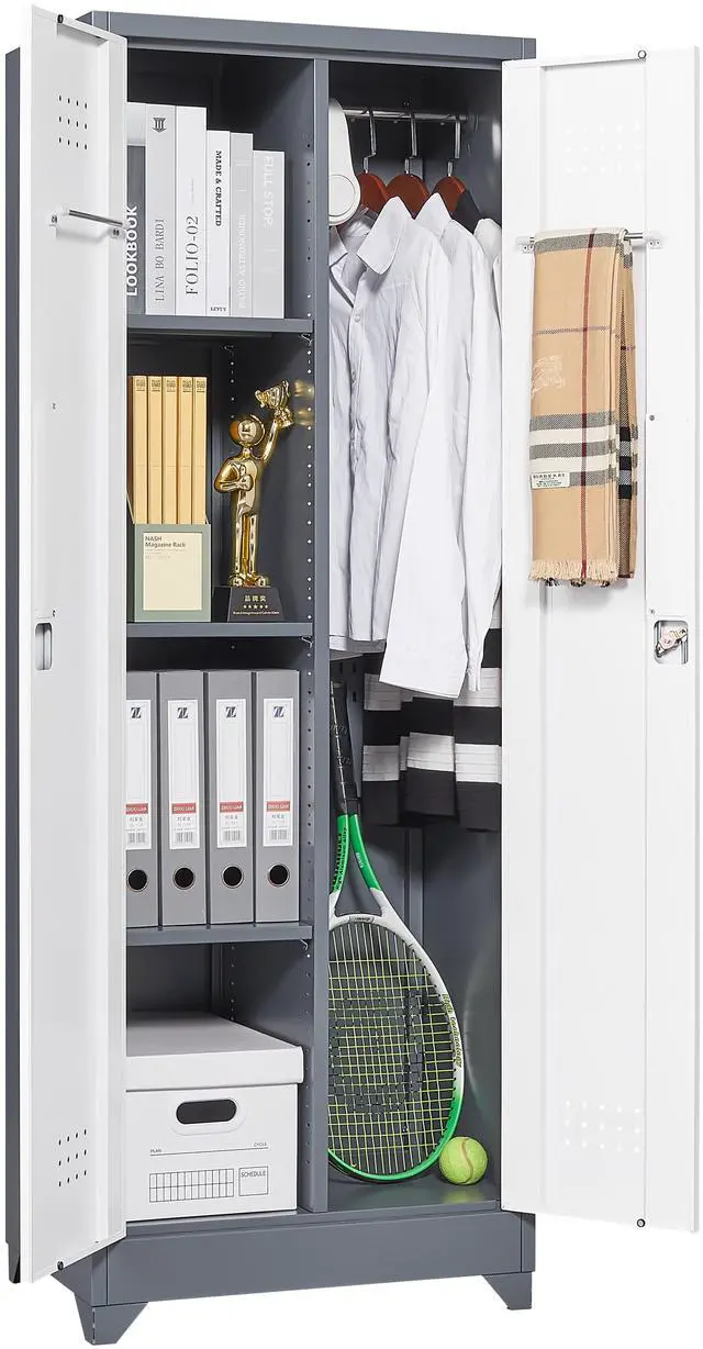 Alt view image 6 of 7 - Broom Storage Cabinet With Locking Doors And Shelves, 65" H Metal Storage Cabinet With Hanging Rod & S-Hooks, Cleaning Tool Storage Cabinet Grey
