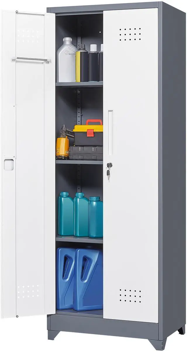 Alt view image 7 of 7 - Broom Storage Cabinet With Locking Doors And Shelves, 65" H Metal Storage Cabinet With Hanging Rod & S-Hooks, Cleaning Tool Storage Cabinet Grey