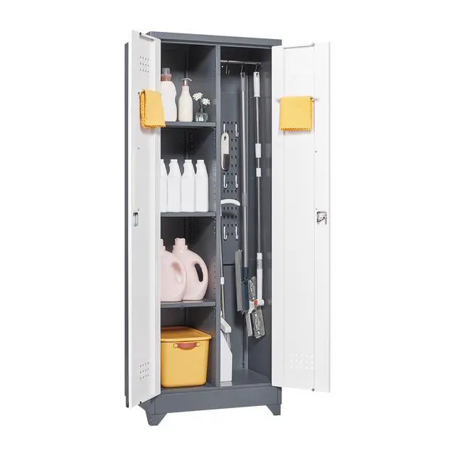 Alt view image 2 of 7 - Broom Storage Cabinet With Locking Doors And Shelves, 65" H Metal Storage Cabinet With Hanging Rod & S-Hooks, Cleaning Tool Storage Cabinet Grey