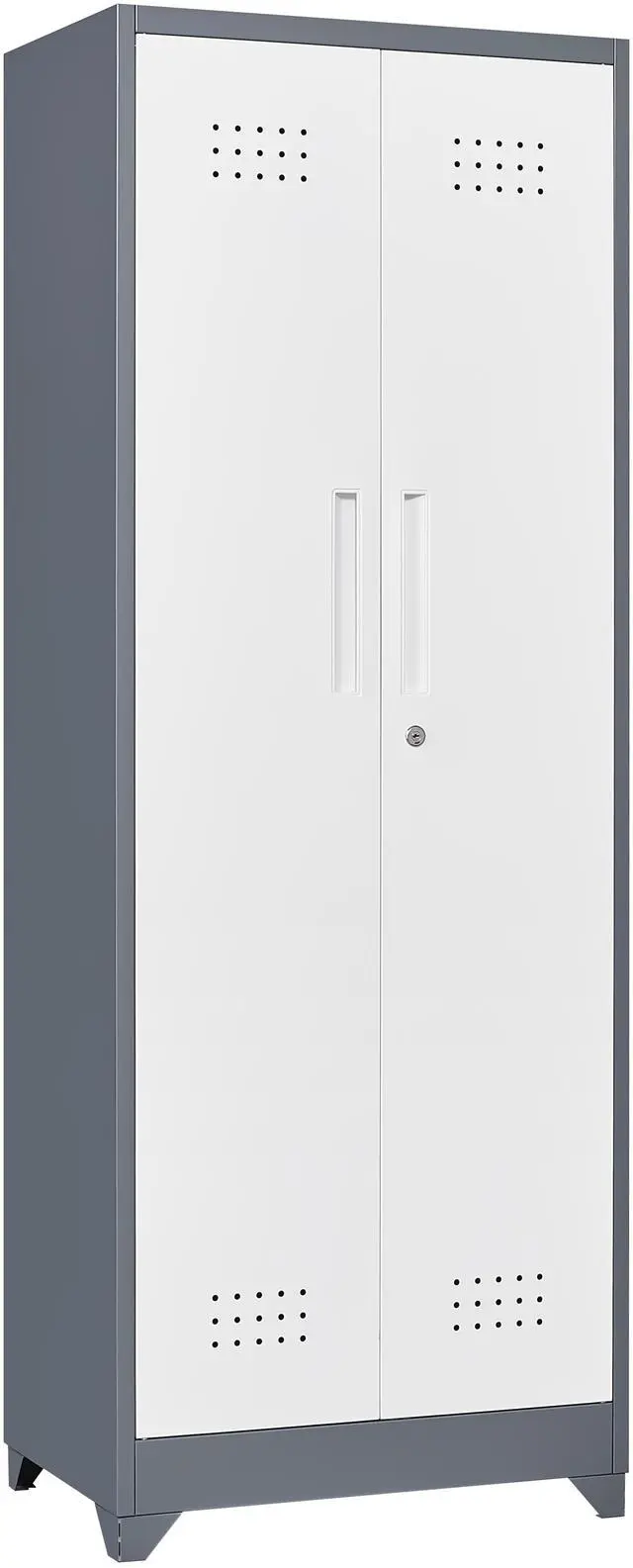 Main image of Broom Storage Cabinet With Locking Doors And Shelves, 65" H Metal Storage Cabinet With Hanging Rod & S-Hooks, Cleaning Tool Storage Cabinet Grey