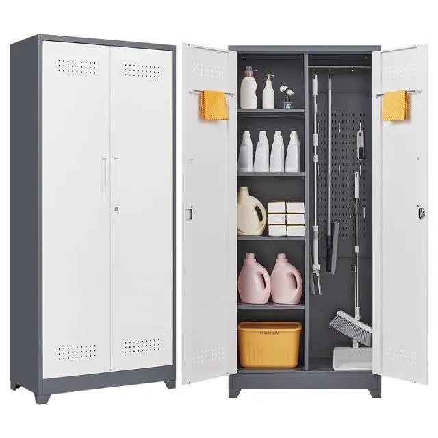 Alt view image 2 of 7 - Gray Metal Lockers, Cleaning Tool Cabinets With Locking Doors, High Broom Tool Storage Cabinets, Adjustable Shelves, Large Cabinets For Kitchens, Offices, Shops.(72 Inches)