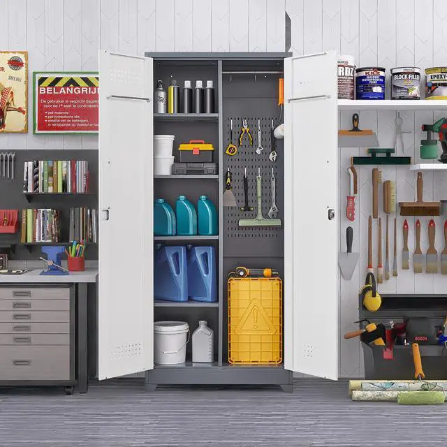 Alt view image 5 of 7 - Gray Metal Lockers, Cleaning Tool Cabinets With Locking Doors, High Broom Tool Storage Cabinets, Adjustable Shelves, Large Cabinets For Kitchens, Offices, Shops.(72 Inches)