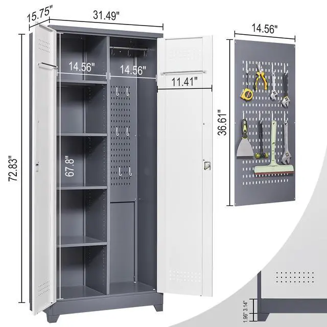 Alt view image 3 of 7 - Gray Metal Lockers, Cleaning Tool Cabinets With Locking Doors, High Broom Tool Storage Cabinets, Adjustable Shelves, Large Cabinets For Kitchens, Offices, Shops.(72 Inches)