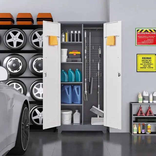Alt view image 6 of 7 - Gray Metal Lockers, Cleaning Tool Cabinets With Locking Doors, High Broom Tool Storage Cabinets, Adjustable Shelves, Large Cabinets For Kitchens, Offices, Shops.(72 Inches)
