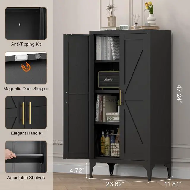 Alt view image 3 of 7 - Metal Adjustable 2 Doors Metal Storage Cabinet Kitchen Pantry Cabinet With Adjustable Shelves all Steel Cabinet Locker For Kitchen, Living Room, Dining Room And Office