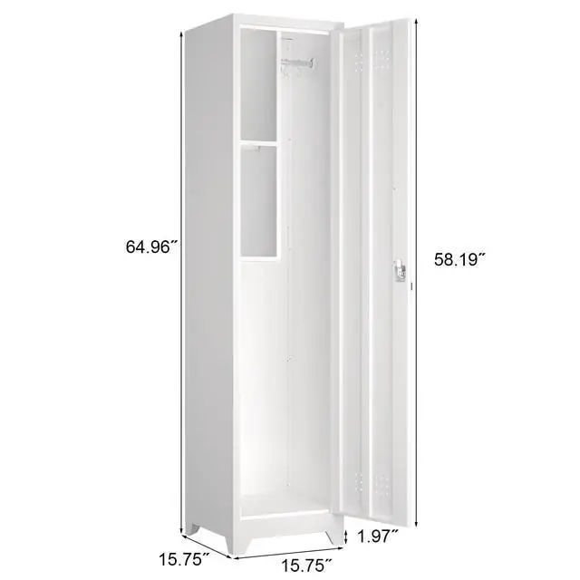 Alt view image 4 of 6 - Metal Broom Storage Cabinet, 65" Narrow Broom Cabinet With Hooks, Slim Bathroom Storage Cabinet With Shelves, Heavy-Duty Cleaning Storage Cabinet For Utility Room, Gym, Office, Garage, Utility Shelves
