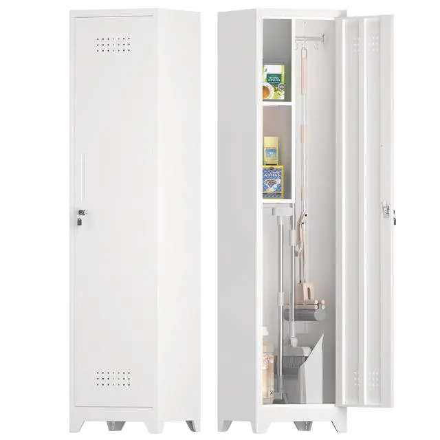 Alt view image 2 of 6 - Metal Broom Storage Cabinet, 65" Narrow Broom Cabinet With Hooks, Slim Bathroom Storage Cabinet With Shelves, Heavy-Duty Cleaning Storage Cabinet For Utility Room, Gym, Office, Garage, Utility Shelves