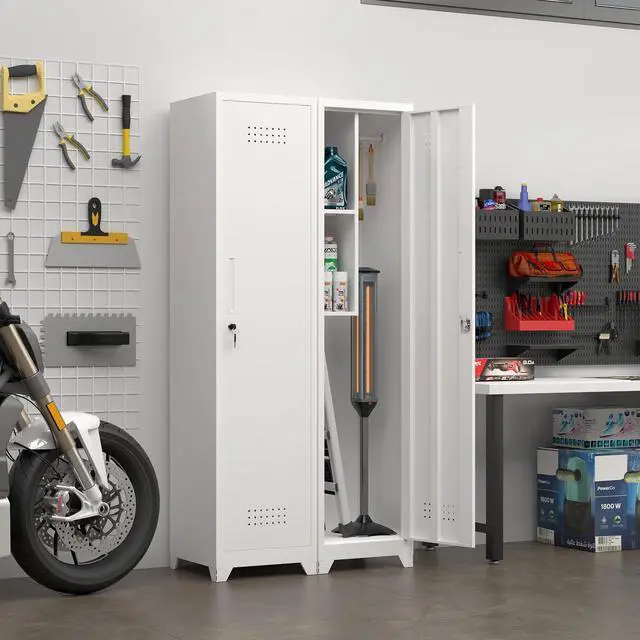 Main image of Metal Broom Storage Cabinet, 65" Narrow Broom Cabinet With Hooks, Slim Bathroom Storage Cabinet With Shelves, Heavy-Duty Cleaning Storage Cabinet For Utility Room, Gym, Office, Garage, Utility Shelves