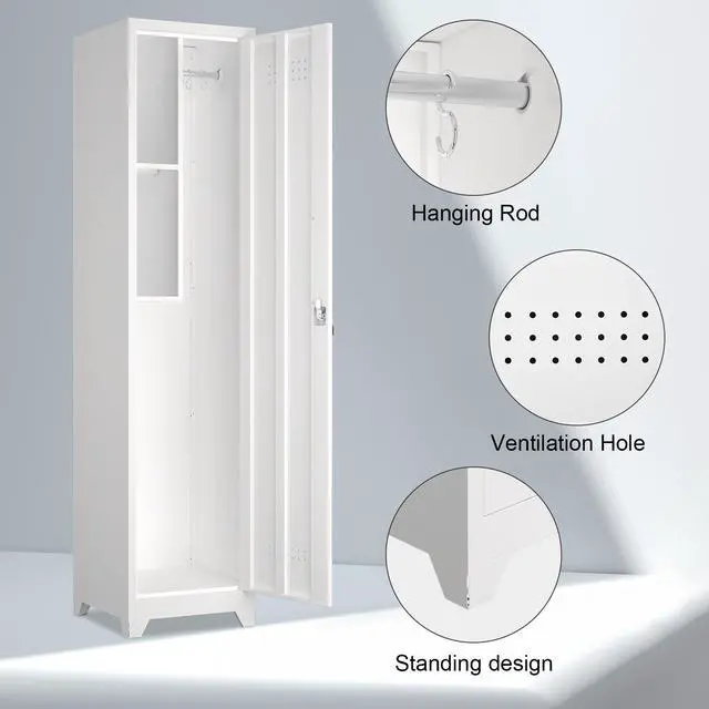 Alt view image 5 of 6 - Metal Broom Storage Cabinet, 65" Narrow Broom Cabinet With Hooks, Slim Bathroom Storage Cabinet With Shelves, Heavy-Duty Cleaning Storage Cabinet For Utility Room, Gym, Office, Garage, Utility Shelves