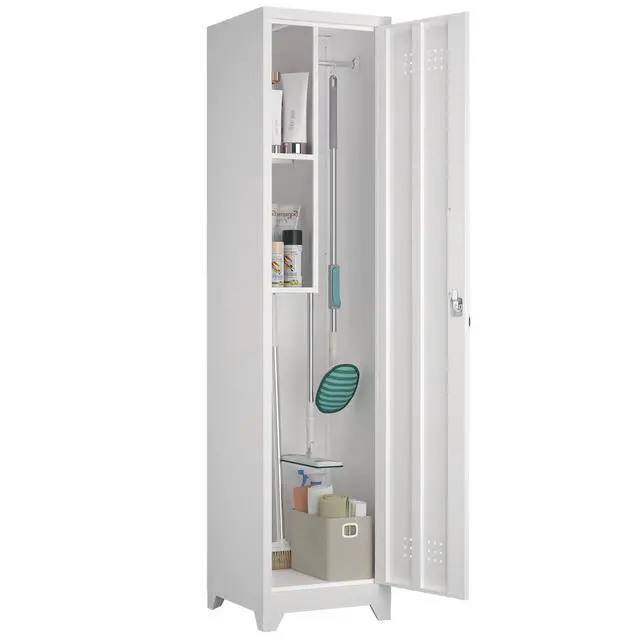 Alt view image 6 of 6 - Metal Broom Storage Cabinet, 65" Narrow Broom Cabinet With Hooks, Slim Bathroom Storage Cabinet With Shelves, Heavy-Duty Cleaning Storage Cabinet For Utility Room, Gym, Office, Garage, Utility Shelves