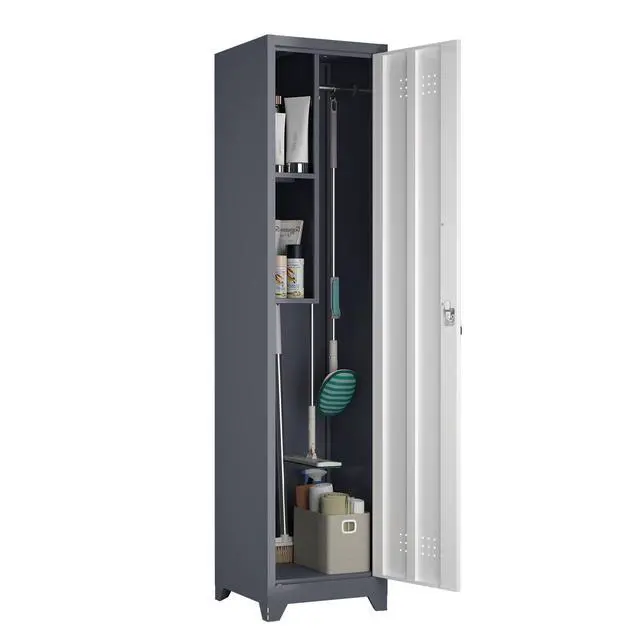 Alt view image 2 of 7 - Metal Broom Storage Cabinet, 65" Narrow Broom Cabinet With Hooks, Slim Bathroom Storage Cabinet With Shelves, Heavy-Duty Cleaning Storage Cabinet For Utility Room, Gym, Office, Garage, Utility Shelves