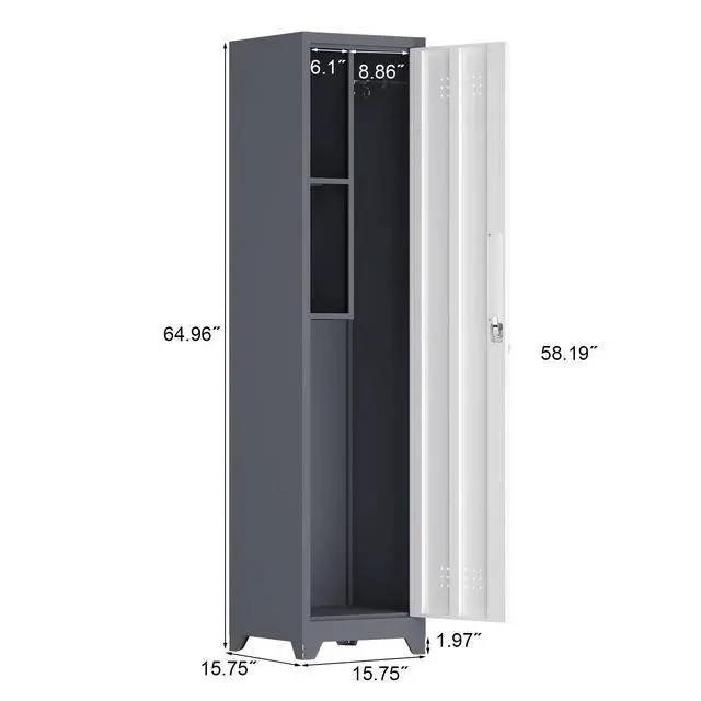 Alt view image 3 of 7 - Metal Broom Storage Cabinet, 65" Narrow Broom Cabinet With Hooks, Slim Bathroom Storage Cabinet With Shelves, Heavy-Duty Cleaning Storage Cabinet For Utility Room, Gym, Office, Garage, Utility Shelves