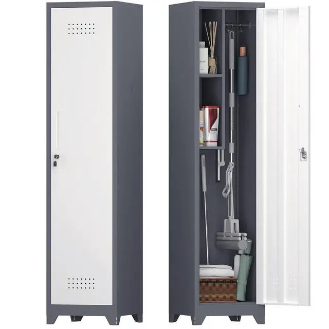 Alt view image 7 of 7 - Metal Broom Storage Cabinet, 65" Narrow Broom Cabinet With Hooks, Slim Bathroom Storage Cabinet With Shelves, Heavy-Duty Cleaning Storage Cabinet For Utility Room, Gym, Office, Garage, Utility Shelves