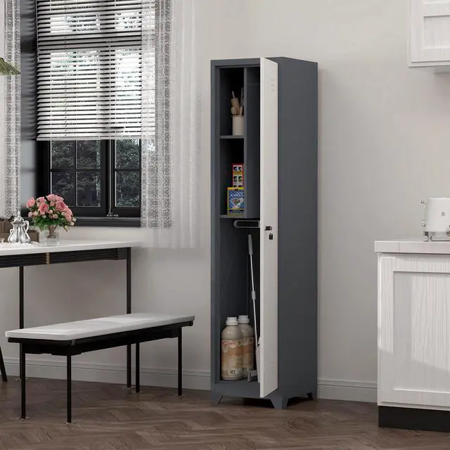 Alt view image 6 of 7 - Metal Broom Storage Cabinet, 65" Narrow Broom Cabinet With Hooks, Slim Bathroom Storage Cabinet With Shelves, Heavy-Duty Cleaning Storage Cabinet For Utility Room, Gym, Office, Garage, Utility Shelves