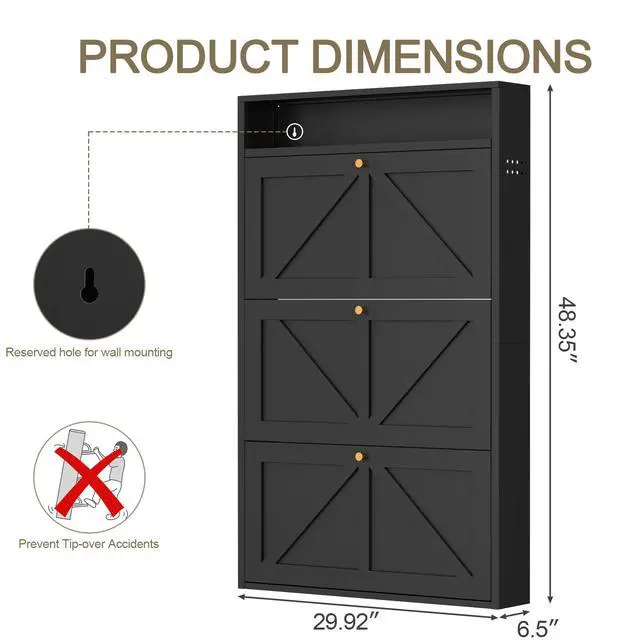 Alt view image 2 of 7 - Metal Shoe Cabinet with 3 Flip Drawers, Wall Mounted Shoe Organizer, Narrow Slim Hidden Shoe Rack for Entryway, Black